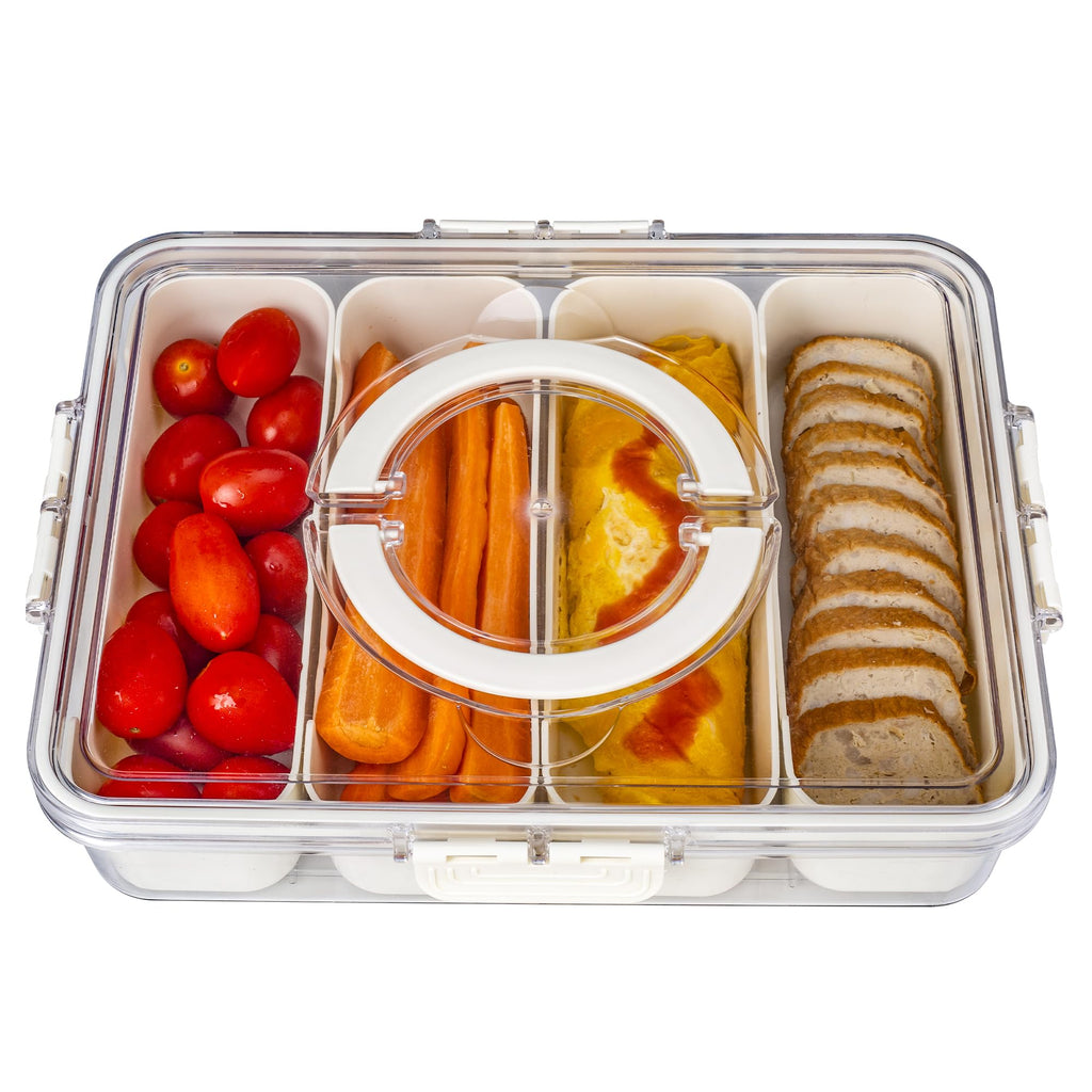 Bandesun Divided Serving Tray with Lid and Handle - Snackle Box Charcuterie Container for Portable Snack Platters - Clear Organizer for Candy, Fruits, Nuts, Snacks - Perfect for Party, Entertaining