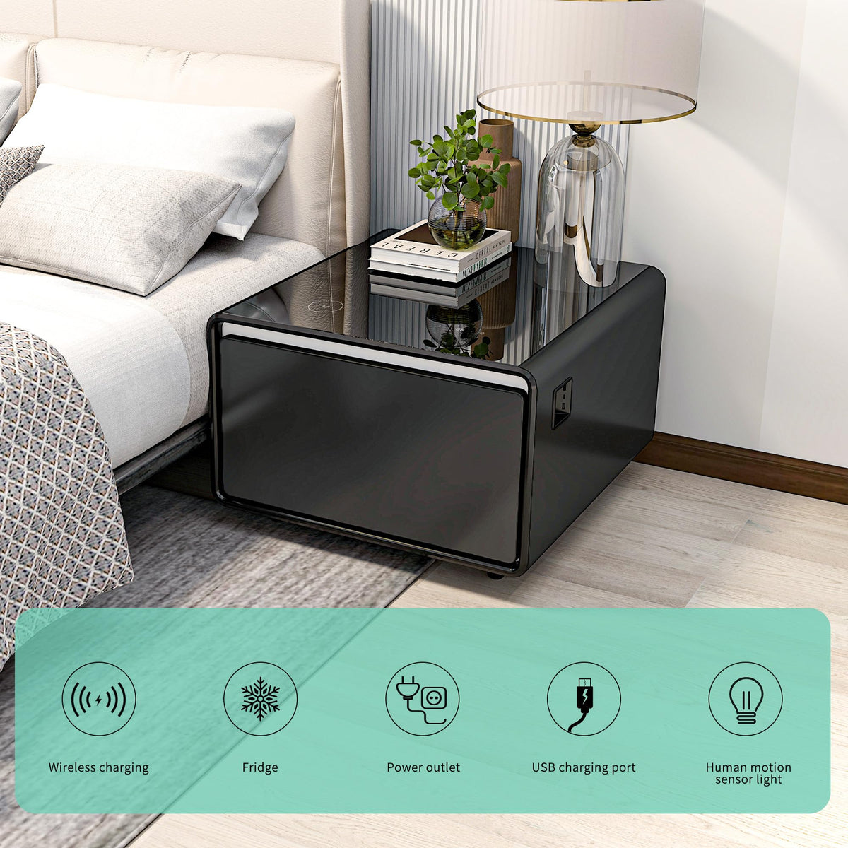 Smart Coffee Table with Fridge, Smart Coffee Table with Wireless Charging Station, Temperature Control, Power Socket, USB Ports, Outlet Protection and Induction Light, Fridge Coffee Table, Black
