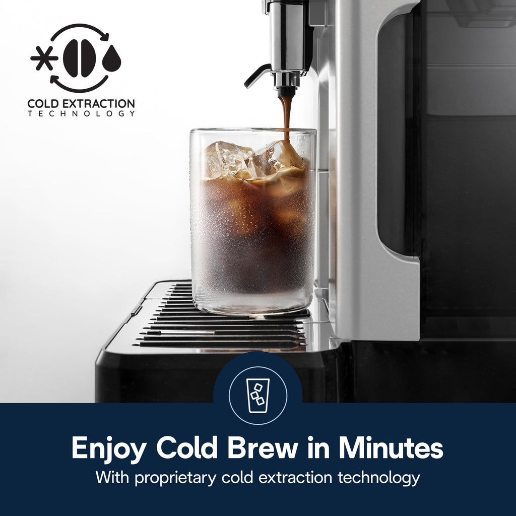 Ekspres do kawy De'Longhi Eletta Explore z funkcją Cold Brew, automatycznym spieniaczem do mleka na gorąco i na zimno, umożliwiającym przygotowanie ponad 50 przepisów za jednym dotknięciem, wbudowanym młynkiem, ECAM45086S