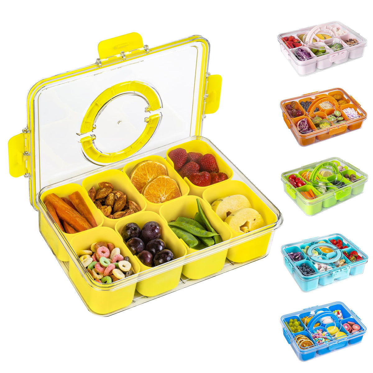 Divided Snack Serving Tray with Lid and Handle Travel Snackle Charcuterie Container Portable Storage Organizer for Candy, Fruits, Nuts, Snacks, Party, Picnic (1pack, Lake blue)