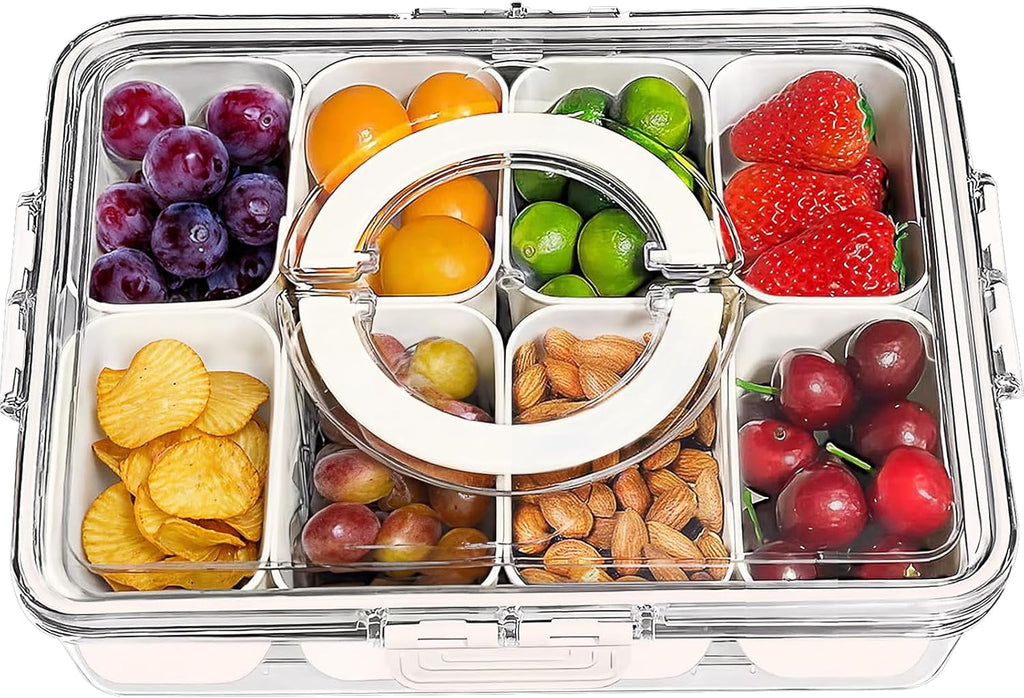Divided Serving Tray with Lid and Handle,Portable Snackle Box Charcuterie Container,Snack tray Storage Organizer with lid,Snack Platters for Fruit, Nuts, Candy, Entertaining, Party, Picnic,Travel