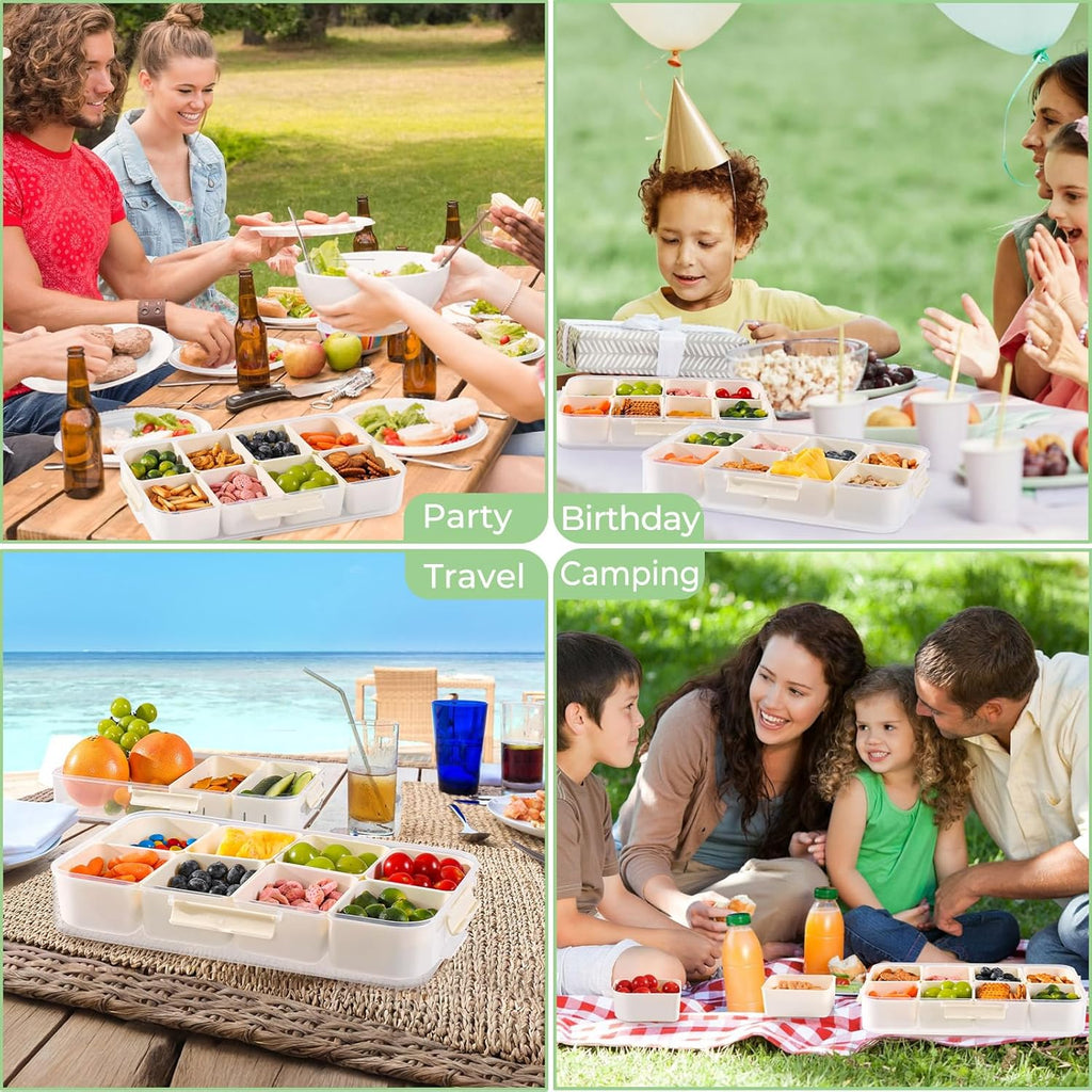 LUXEAR Divided Serving Tray with Lid and Handle Snack Box Charcuterie Container Dishwasher Safe 2Pack Snack Platters Portable Clear Organizer for Fruits, Candy, Snacks, Picnic, Party&Travel