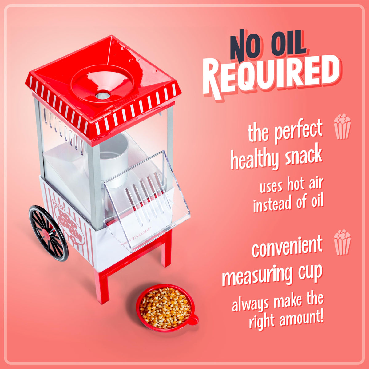 Nostalgia Vintage Hot-Air Popcorn Maker Machine - Makes Up to 12 Cups - Oil-Free - Healthier Popcorn - Classic Stand-Up Cart With Wheels - Includes Kernel Measuring Cup - White & Red
