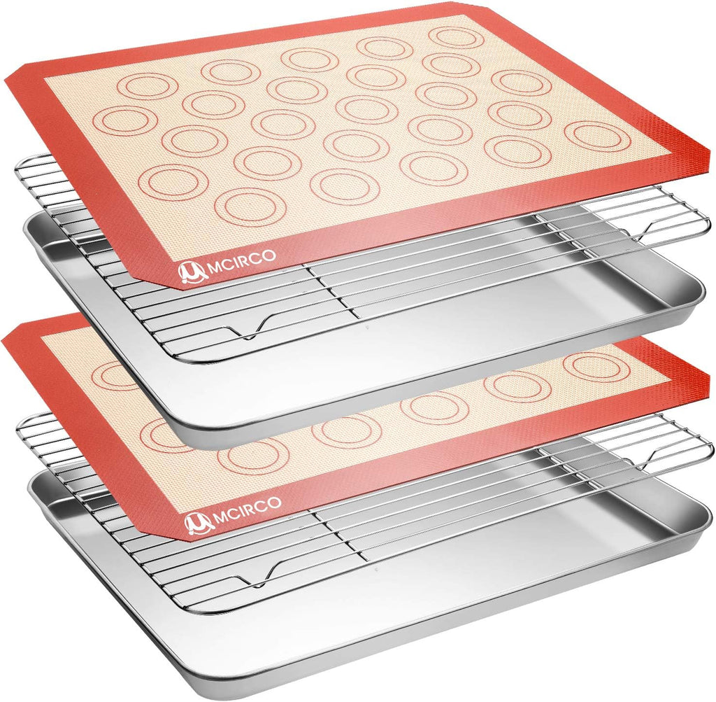 Stainless Steel Baking Sheet Tray Cooling Rack with Silicone Baking Mat Set, Cookie Pan with Cooling Rack, Set of 6 (2 Sheets + 2 Racks + 2 Mats), Size 16 x 12 x 1 Inch, Easy Clean