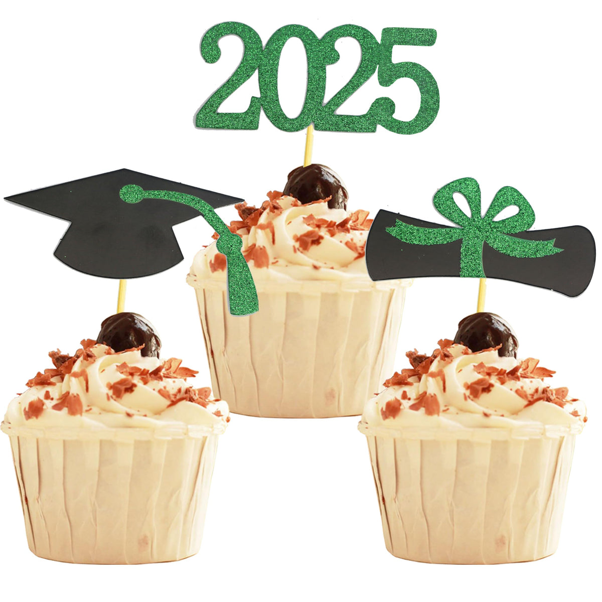 2025 Graduation Cupcake Toppers, 48 PCS Food/Appetizer Picks For Graduation Party Mini Cake Decorations, Diploma, 2025, Grad Cap Set 48 Pieces (01 Gold)