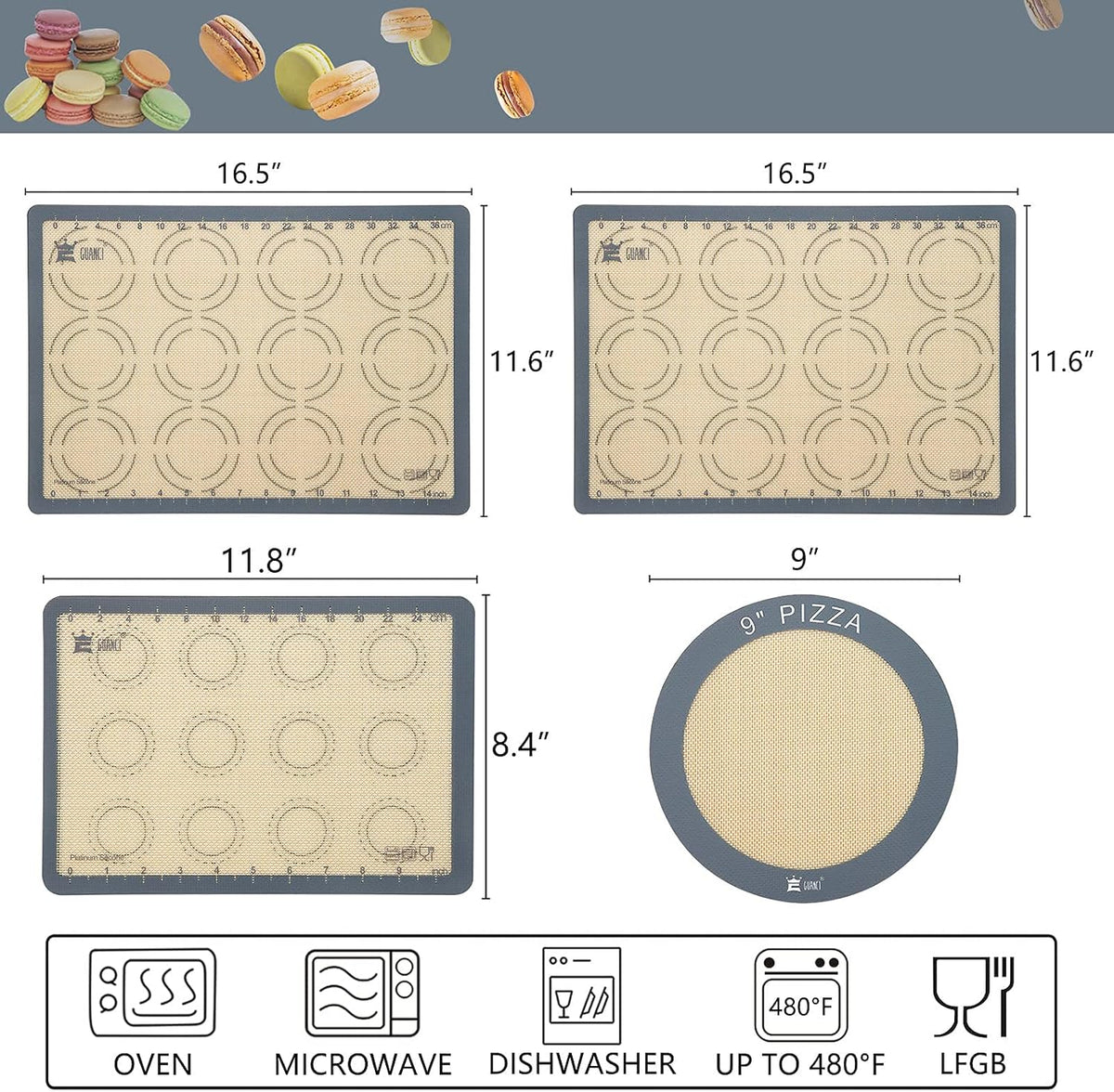 Silicone Baking Mat Set of 4, GUANCI Grade Food Baking mats Non-Stick Reusable Pizza Bakeware Mat for Making Macaroon, Pizza, Cookie, Pastry, Bread, Bun(Grey)