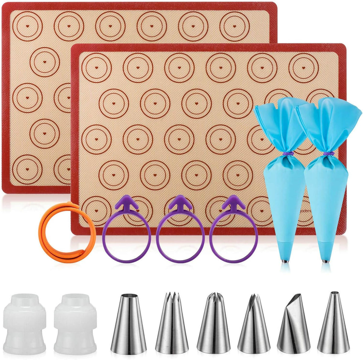 Angadona Macaron Silicone Baking Mats Kit (16pcs set) Macaroon Baking Mat Set of 2 Half Sheet Macaron Silicone Mat Nonstick Macaron Mat Sheet,6 Piping Tip,2 Piping Bag with 3 Bag Tie,2 coupler