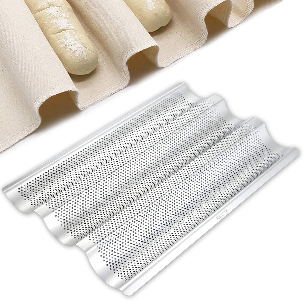 Stainless Steel French Baguette Bread Pan, Perforated Loaf Pans for Baking 15"x10", 3 Waves Toaster Oven Baking Tray (1 Pack)