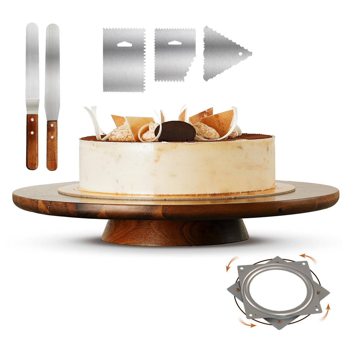 13" Acacia Cake Stand Rotating – Rustic Wood Turntable Pedestal Stands – Wooden Spinning Tables for Food Serving - Round Cake Decorating for Cupcake Dessert Display in Party, Wedding, Birthday