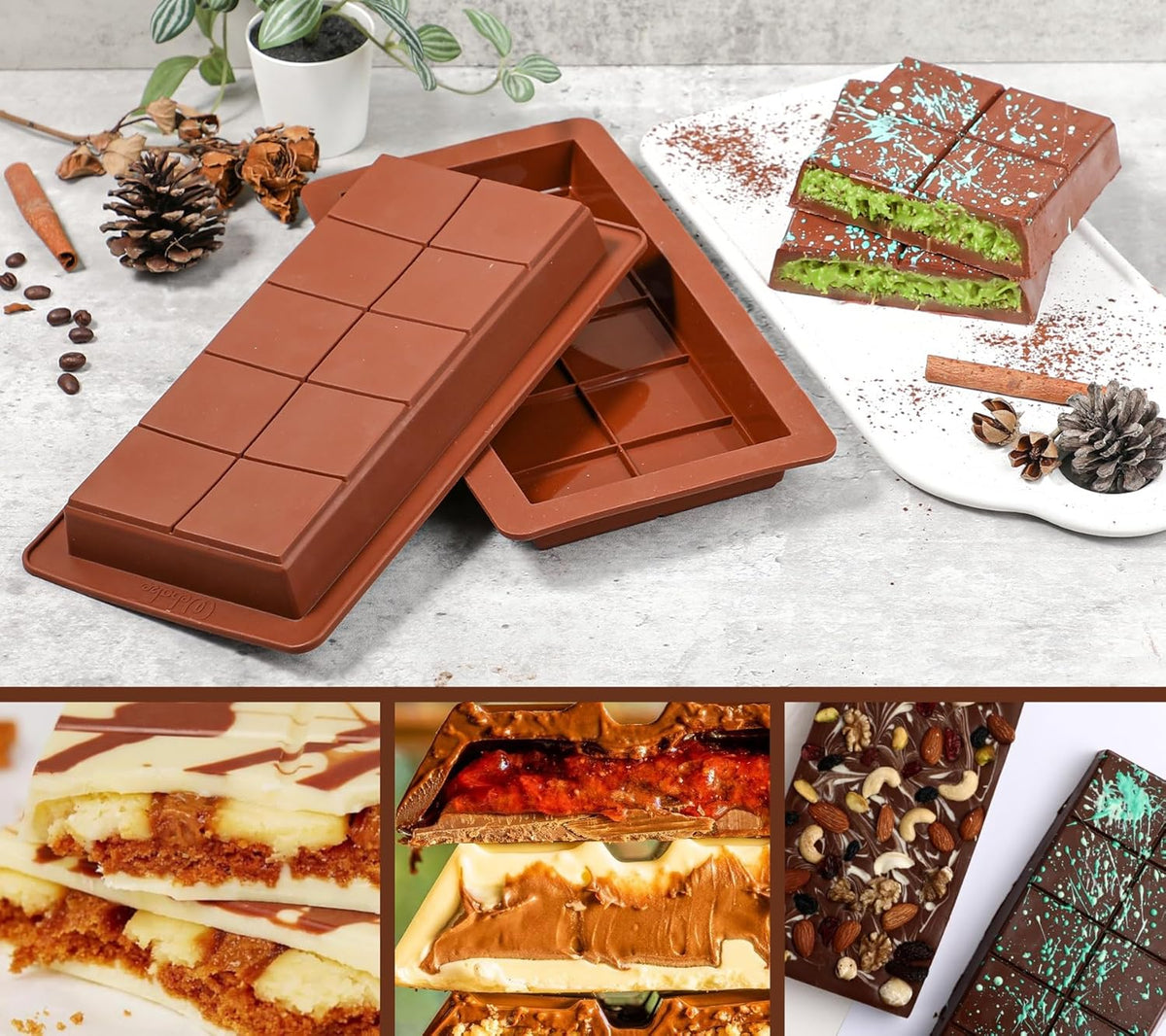 Webake Deep Chocolate Bar Molds 2 Pack, 1 Inch Deep Large and Thick Silicone Chocolate Bar Molds for Stuffed Bar, Big Chocolate Candy Bar Mold for Filling Knafeh Pistachio Chocolate Bar