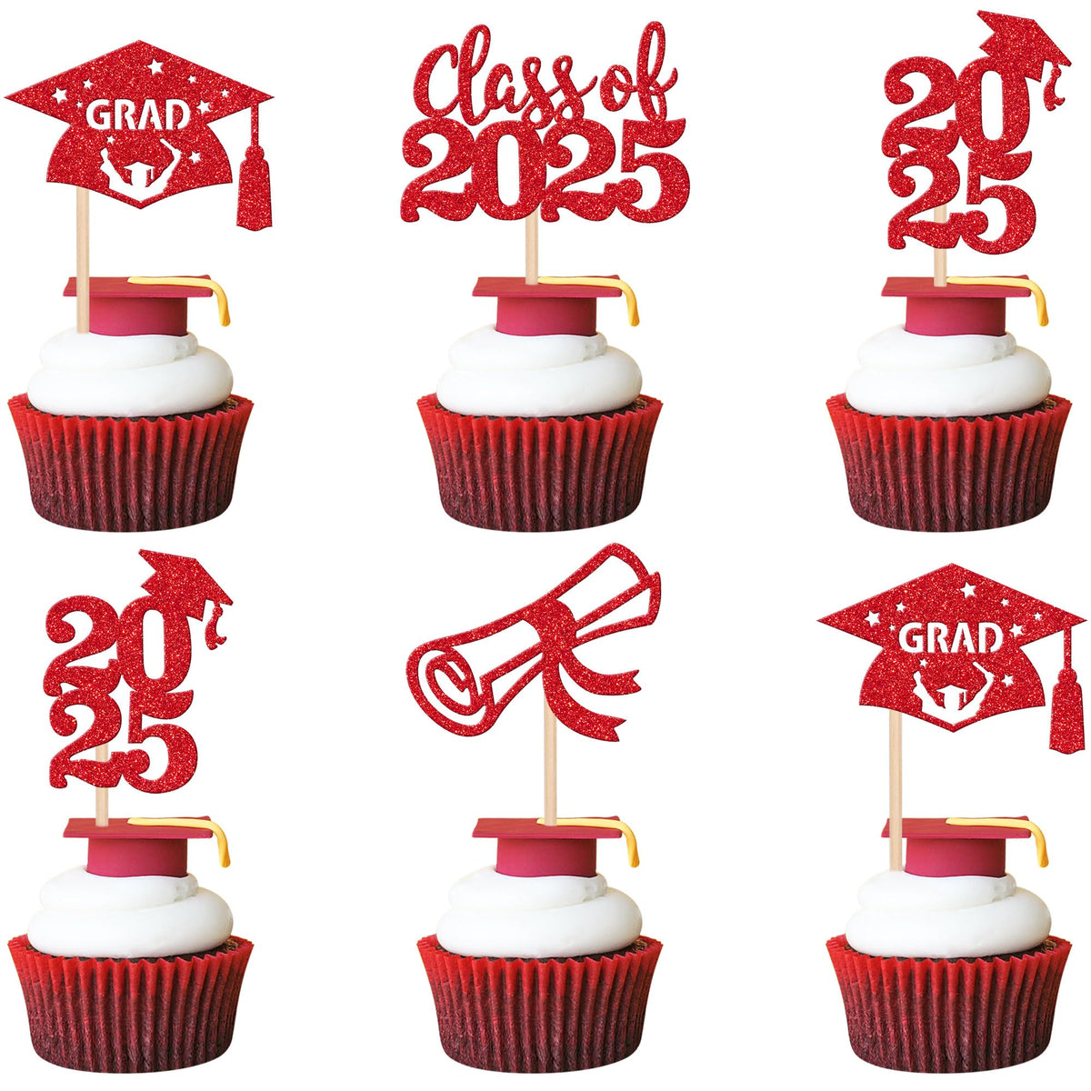24 PCS 2025 Graduation Cupcake Toppers Glitter Diploma Congrats Grad Cap Cupcake Picks Class of 2025 Cake Decorations for 2025 Graduation Theme Party Supplies Pink
