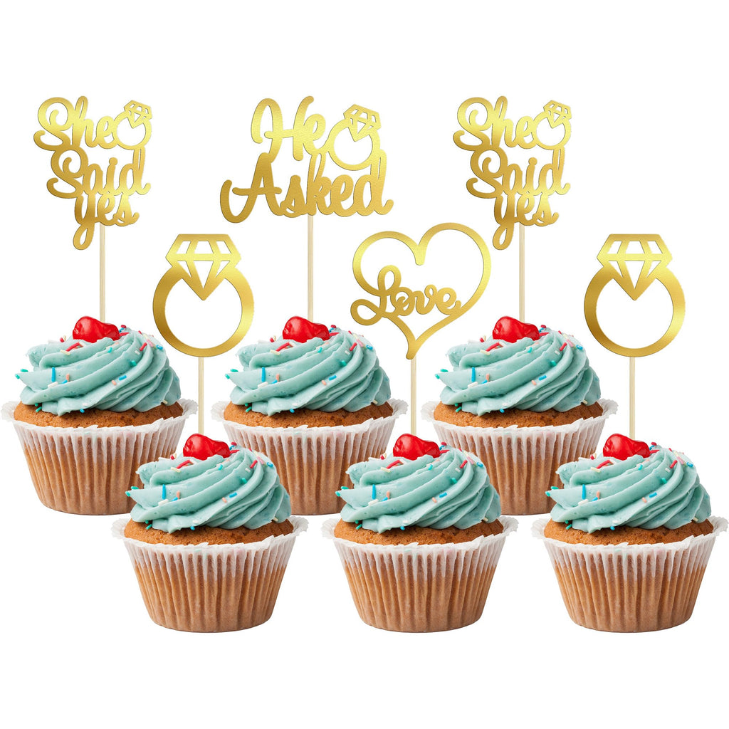 Gyufise He Asked She Said Yes Cupcake Toppers Gold Glitter Diamond Ring Heart Love Cake Picks for Wedding Engagement Party Cake Decorations 24 Pack