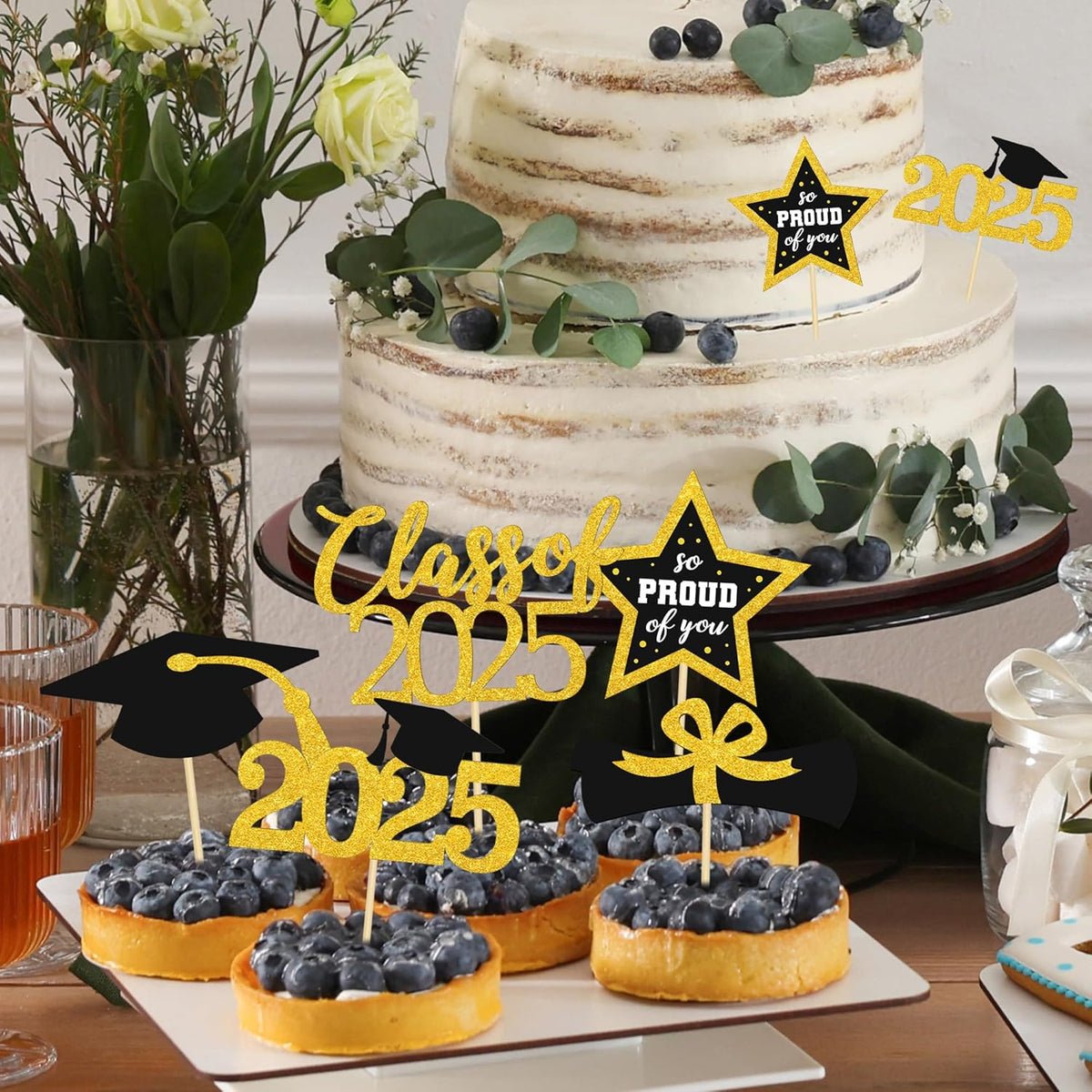 48 PCS Graduation Cupcake Toppers 2025, 6 Style Black and Gold Graduation Cake Toppers, Glitter Design Class of 2025 Toppers Grad Cupcake Picks, Disposable 2025 Graduation Decorations