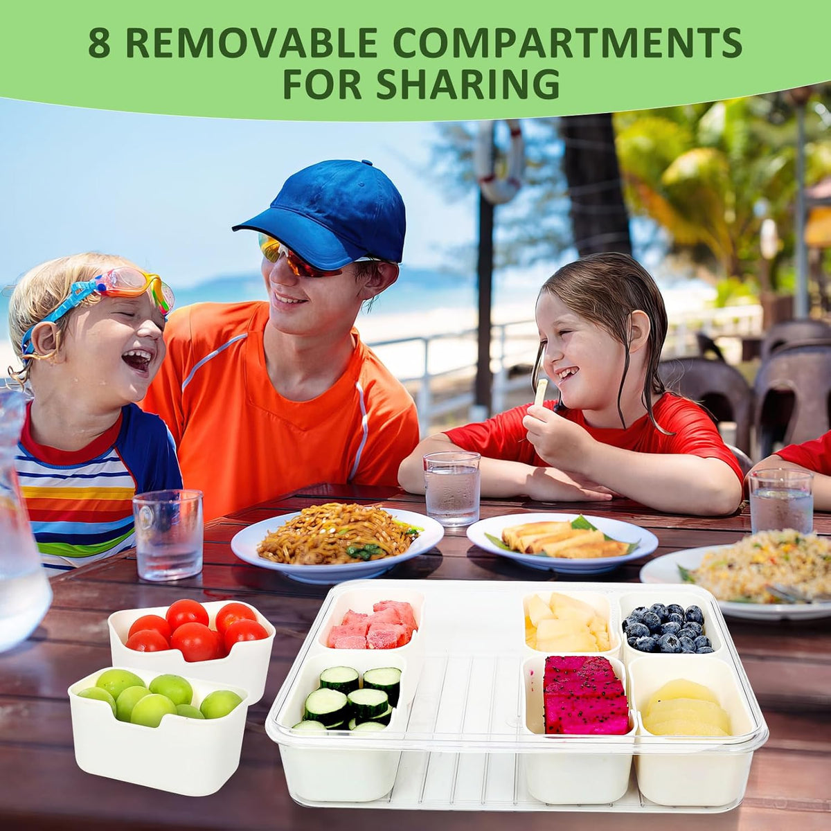 Divided Serving Tray with Lid and Handle - 8 Compartment Snackle Box Charcuterie Container，Portable Snack Box for Travel,Party,Picnic,Beach - Clear Food Organizer for Candy, Fruits, veggie, Snack