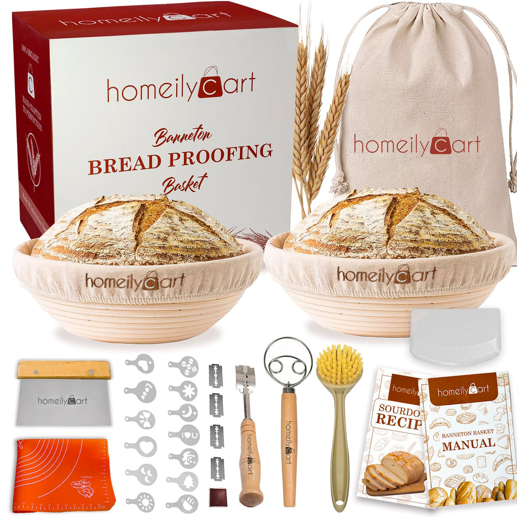 Banneton Bread Proofing Basket Set of 2-9" Round & 10" Oval - Rattan Sourdough Proofing Baskets and Sourdough Bread Baking Supplies for home bakers.