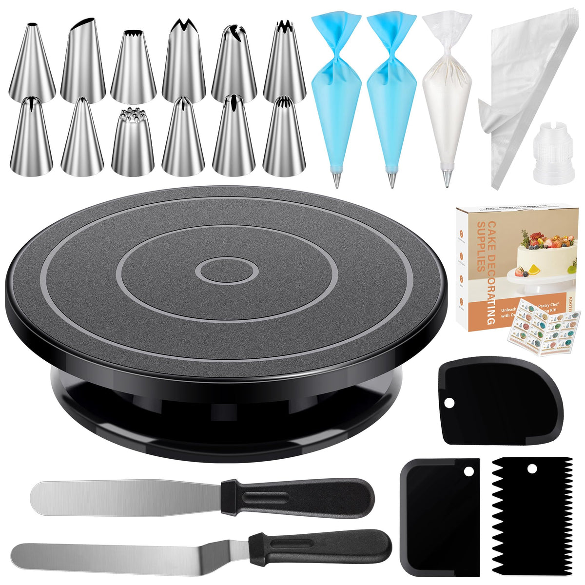 Kootek 71PCs Cake Decorating Kit, Baking Supplies Tools - Includes Cake Stand Turntable, 12 Icing Piping Tips, 2 Frosting Spatulas, 3 Scrapers, 50+2 Piping Bags, Coupler, Video Tutorial, Booklet