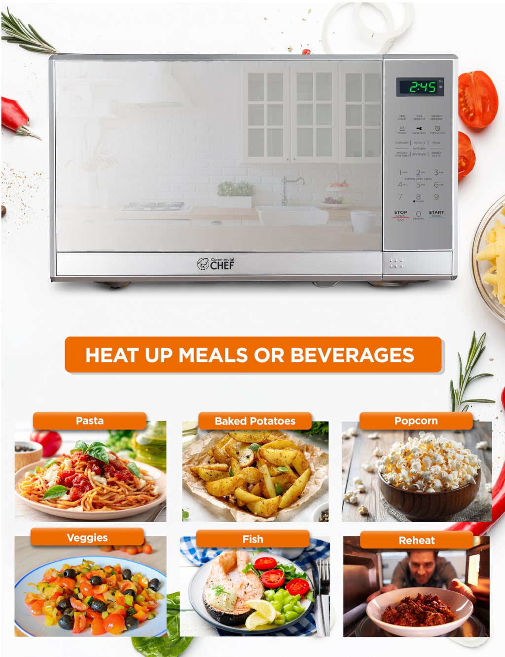 COMMERCIAL CHEF 0.7 Cu Ft Microwave with 10 Power Levels, 700W Microwave with Digital Display, Countertop Microwave with Child Safety Door Lock, Programmable with Push Button, Stainless Steel