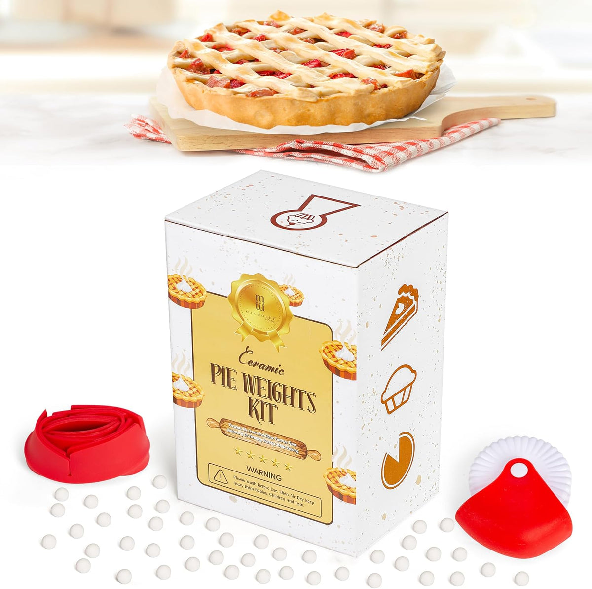 2.2 LB Pie Weights with Pie Crust Shield and Pie Crust Cutter – All In One Baking Supplies Kit with Ceramic Beads – Durable Food-Grade Baking Tools Ideal for Pies, Tarts, Cakes, White