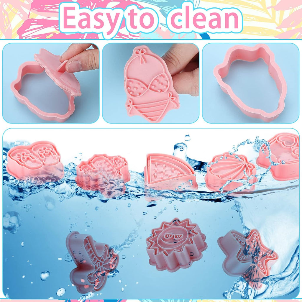 16 Pcs Summer Beach Cookie Cutters with Plunger Stamps Set Tropical Cookie Molds Beach Party Supplies Biscuit Fondant Cutters, Pineapple Flamingo Palm Tree Starfish Seashell Sunglasses Ice Cream