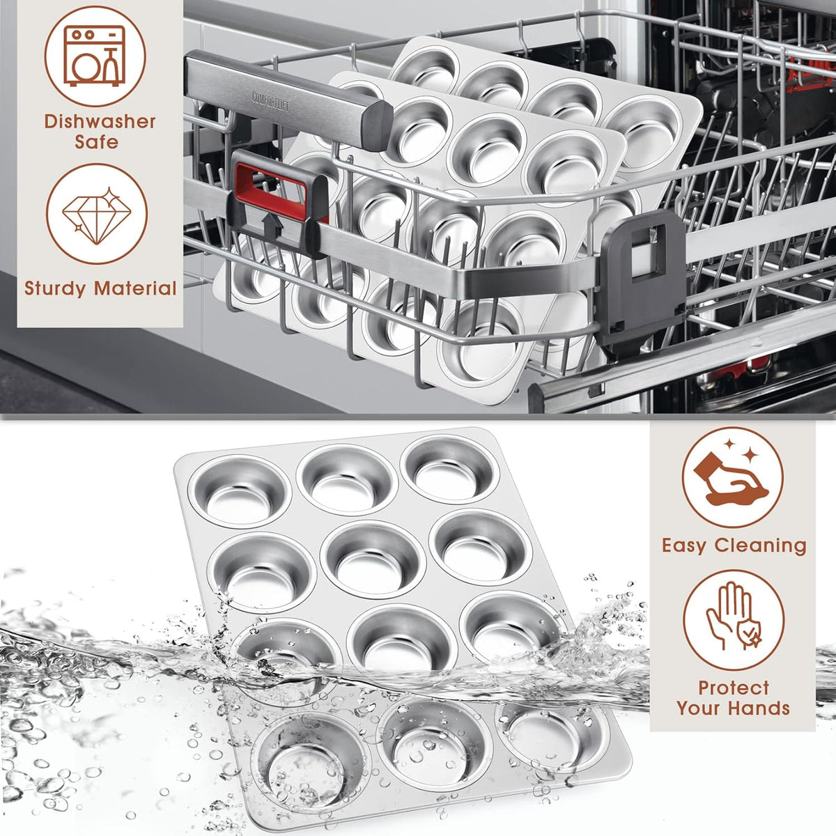 P&P CHEF Muffin Pan Cupcake Baking Pan Set, Stainless Steel Muffin Tin Tray for Mini Cake Tart Quiche, Oven & Dishwasher Safe, Non-toxic & Heavy-duty, (12 Cup, 2Pcs)