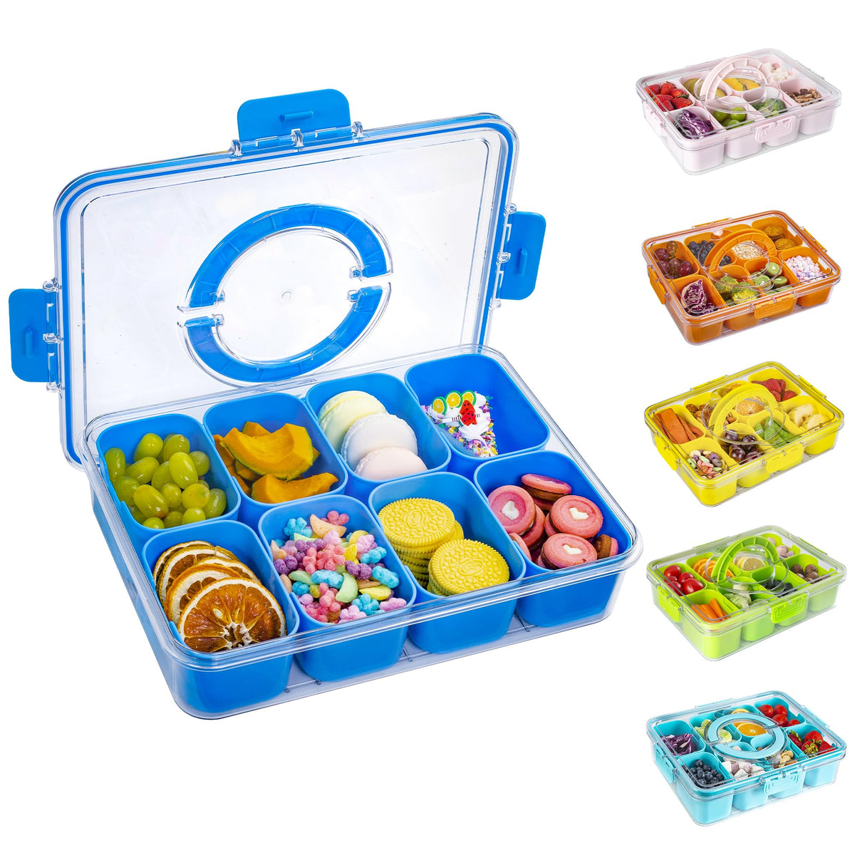 Divided Snack Serving Tray with Lid and Handle Travel Snackle Charcuterie Container Portable Storage Organizer for Candy, Fruits, Nuts, Snacks, Party, Picnic (1pack, Lake blue)