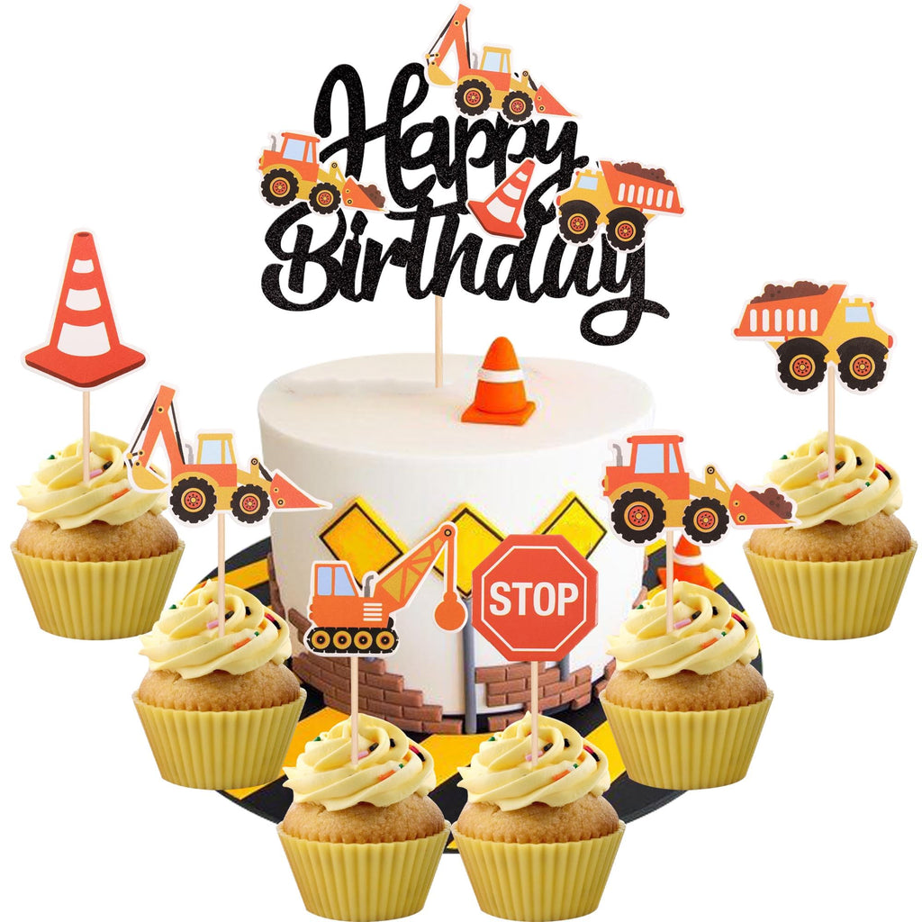 36 PCS Construction Cupcake Toppers Stop Sign Dump Truck Excavator Tractor Party Cake Food Picks Decorations for Construction Theme Baby Shower Kids Birthday Party Supplies