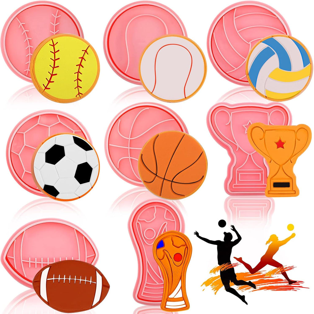 8 Pieces Sport Ball and Birthday Cookie Stamps with Plunger Cutters Set 3D Football Volleyball Soccer Basketball Cake Flower Shape Biscuit Cutter Cookie Stamps for DIY Supplies(Ball Style)