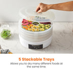 Цифрова дегідраторка для харчових продуктів Elite Gourmet EFD770WD з 5 лотками 12,5 дюйма без бісфенолу А, регульованим 48-годинним таймером та температурою від 95 до 158°F, для в'яленого м'яса, трав, фруктів, овочів, сухих снеків, білого кольору