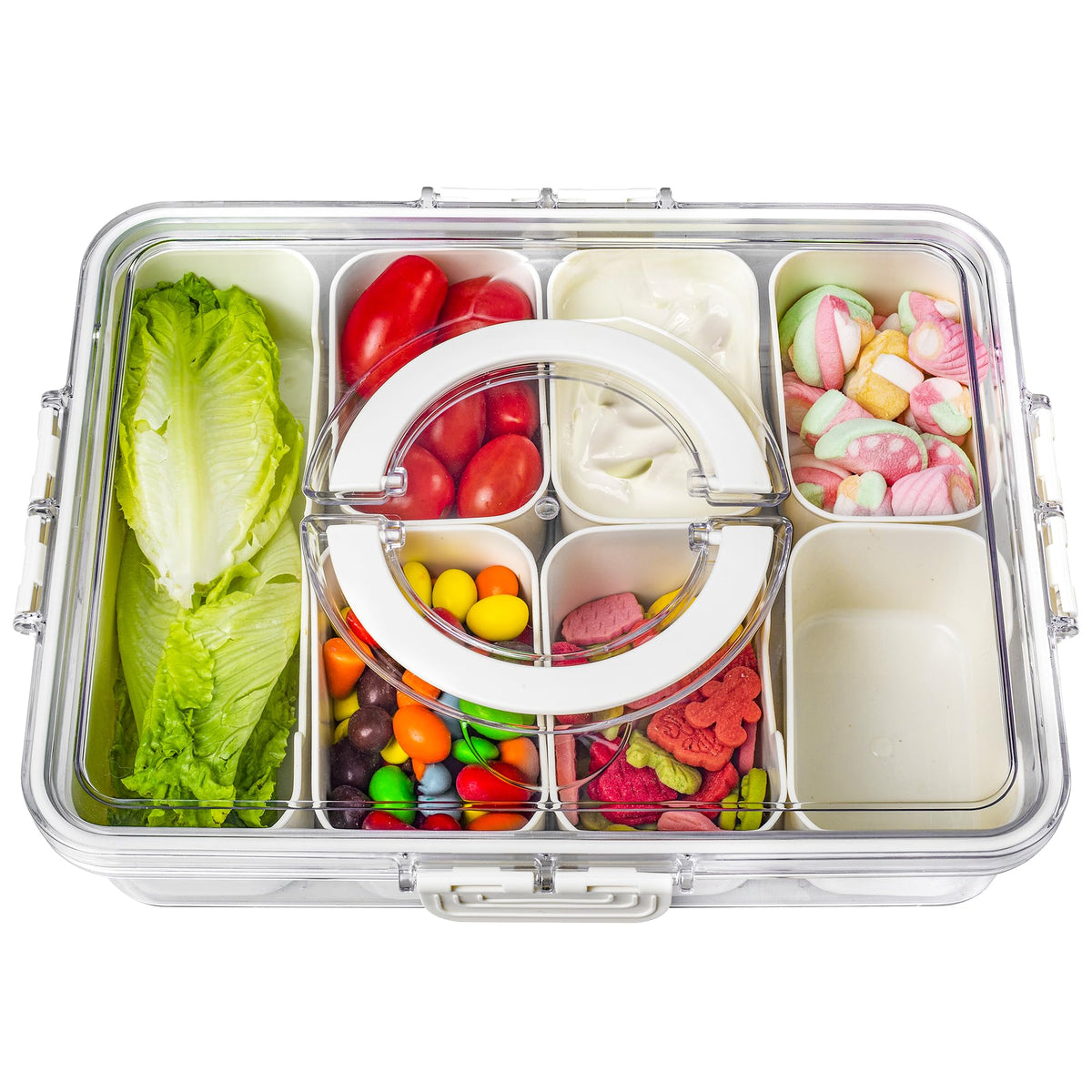 Bandesun Divided Serving Tray with Lid and Handle - Snackle Box Charcuterie Container for Portable Snack Platters - Clear Organizer for Candy, Fruits, Nuts, Snacks - Perfect for Party, Entertaining