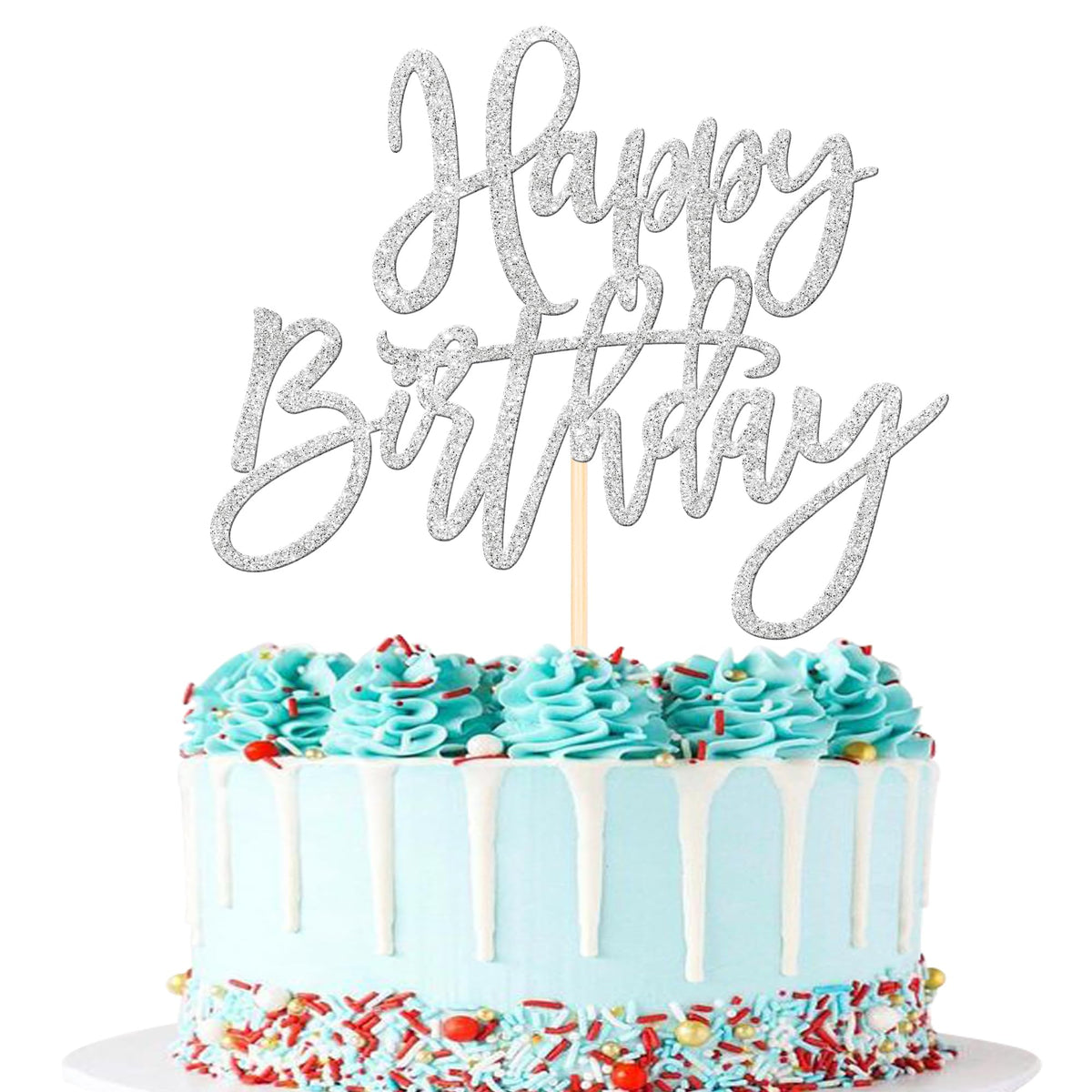 1 PCS Happy Birthday Cake Topper Glitter Cake Pick for Celebrating Anniversary Theme Party Cake Decorations Supplies Light Pink