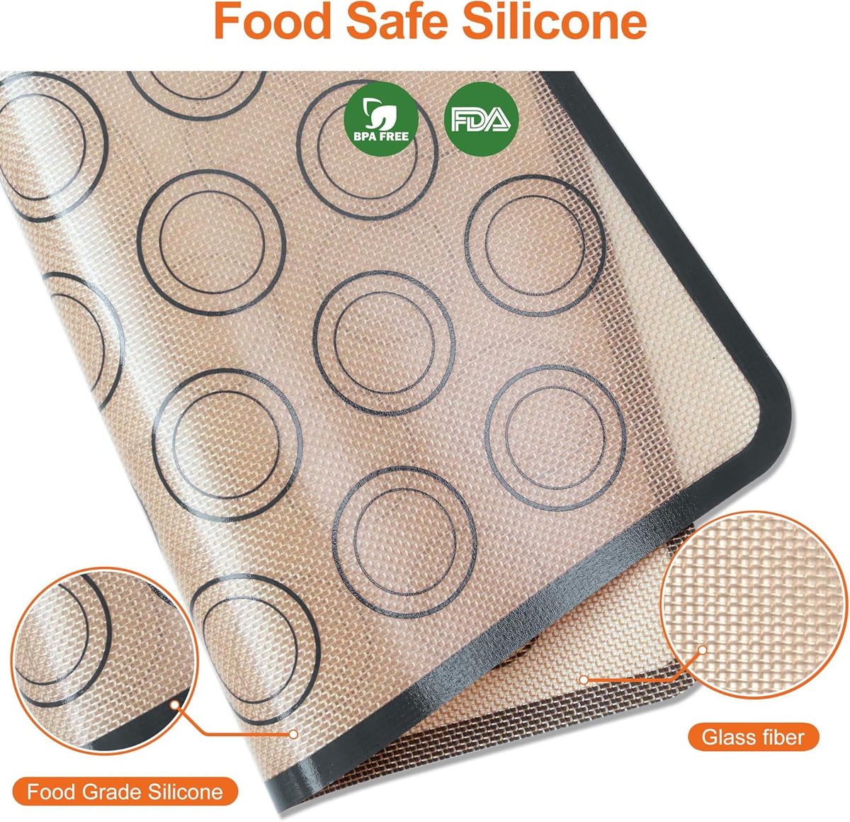 HOOMIL Macaron Silicone Baking Mats 2-Pack, 18" x 13" Commercial Half Sheet Size Macaron Silicone Mat, Non-Stick, Reusable, Food Safe Baking Mat - Brown+Gray