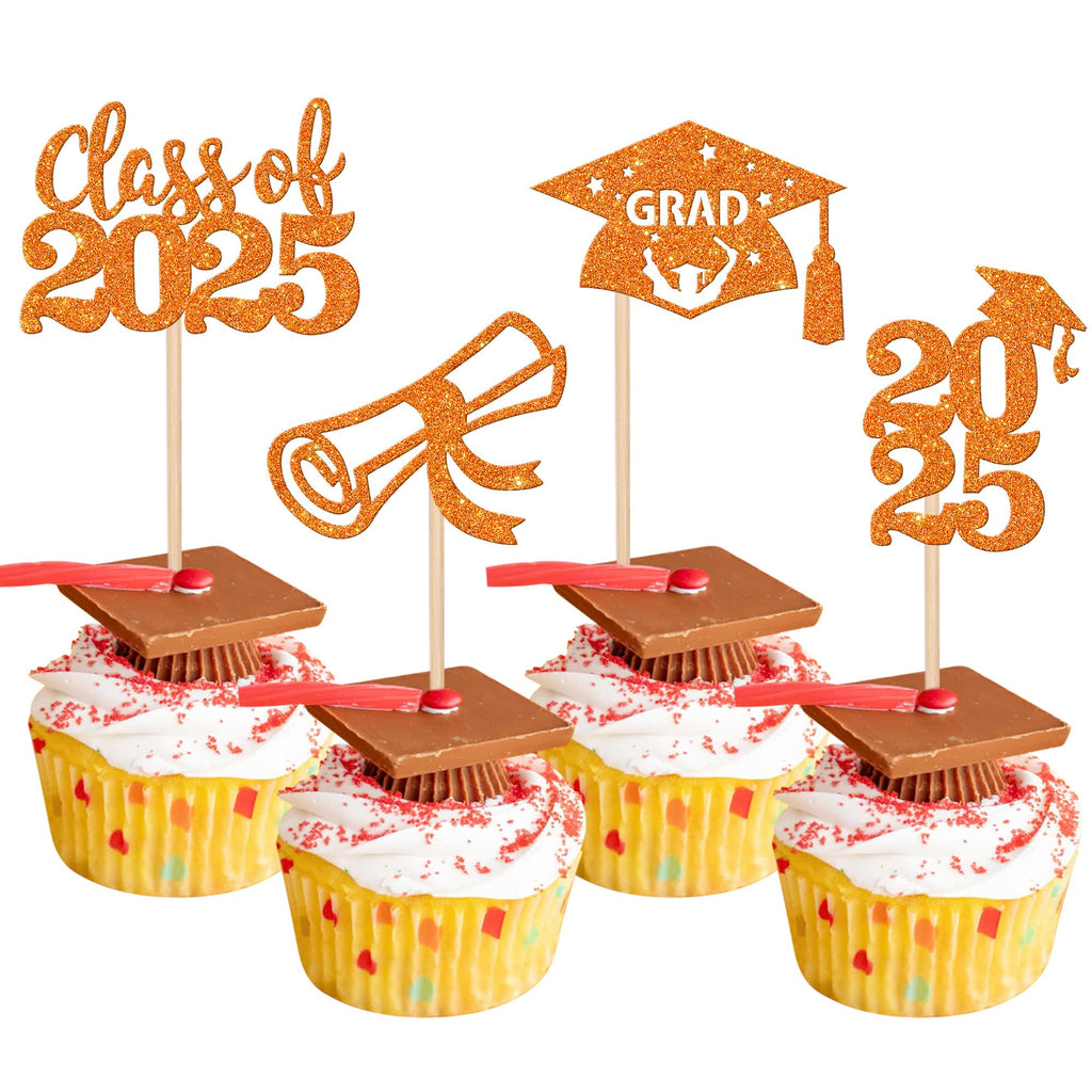 24 PCS 2025 Graduation Cupcake Toppers Glitter Diploma Congrats Grad Cap Cupcake Picks Class of 2025 Cake Decorations for 2025 Graduation Theme Party Supplies Pink