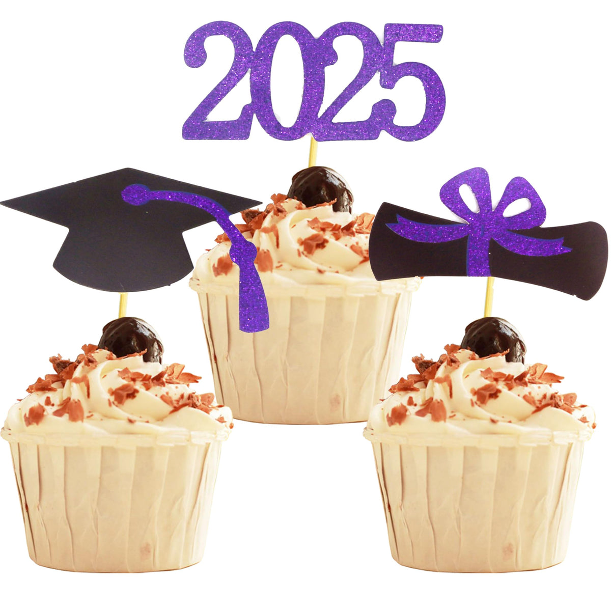 2025 Graduation Cupcake Toppers, 48 PCS Food/Appetizer Picks For Graduation Party Mini Cake Decorations, Diploma, 2025, Grad Cap Set 48 Pieces (01 Gold)