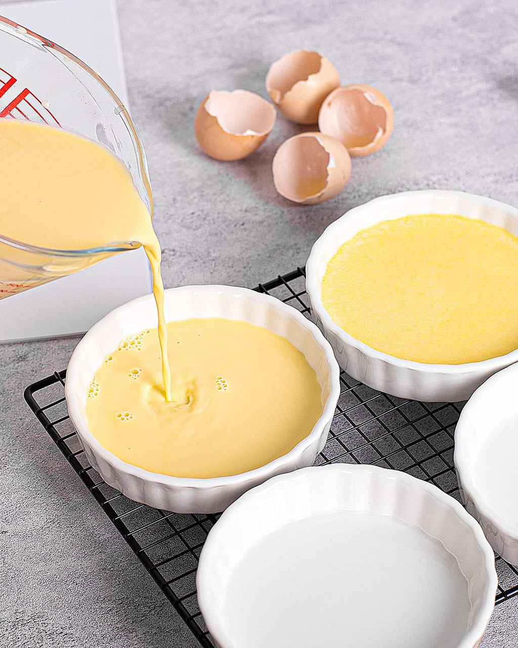 8 Oz Creme Brulee Ramekins, Porcelain Ramekins Oven Safe, Round Tart Pan Mini Fluted Quiche Dishes, Set of 6, White