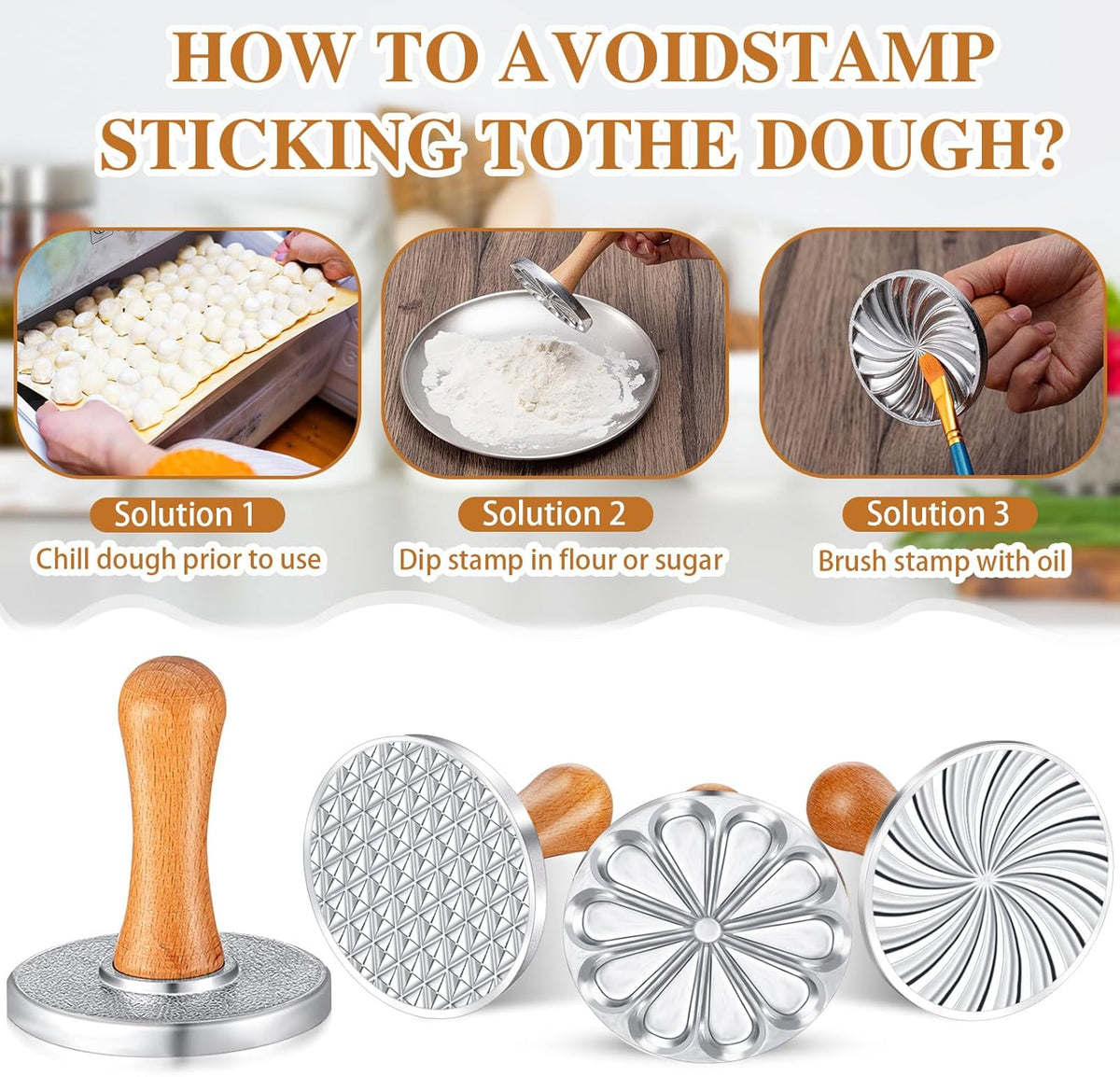 Wenqik 3 Pcs Cookie Stamps Round Metal Cookie Press Cutter Mold with Wooden Handle Cookie Embossing Stamp Mold Cookie Stamper Decorating Supplies for DIY Baking Cakes Pastries Easy to Use Gift Package