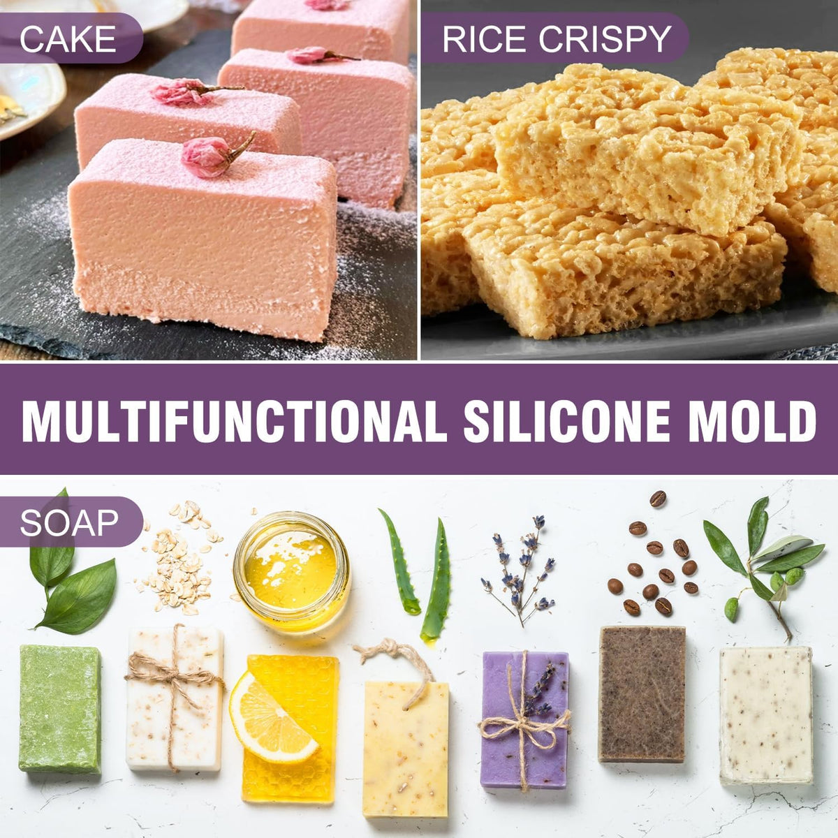 Walfos Silicone Soap Molds Set of 3, 6 Cavities Rectangle Silicone Soap Molds for Homemade Craft Soap Mold, Cake,Chocolate ＆ Ice Cube Tray（Blue & Purple ＆ Pink）