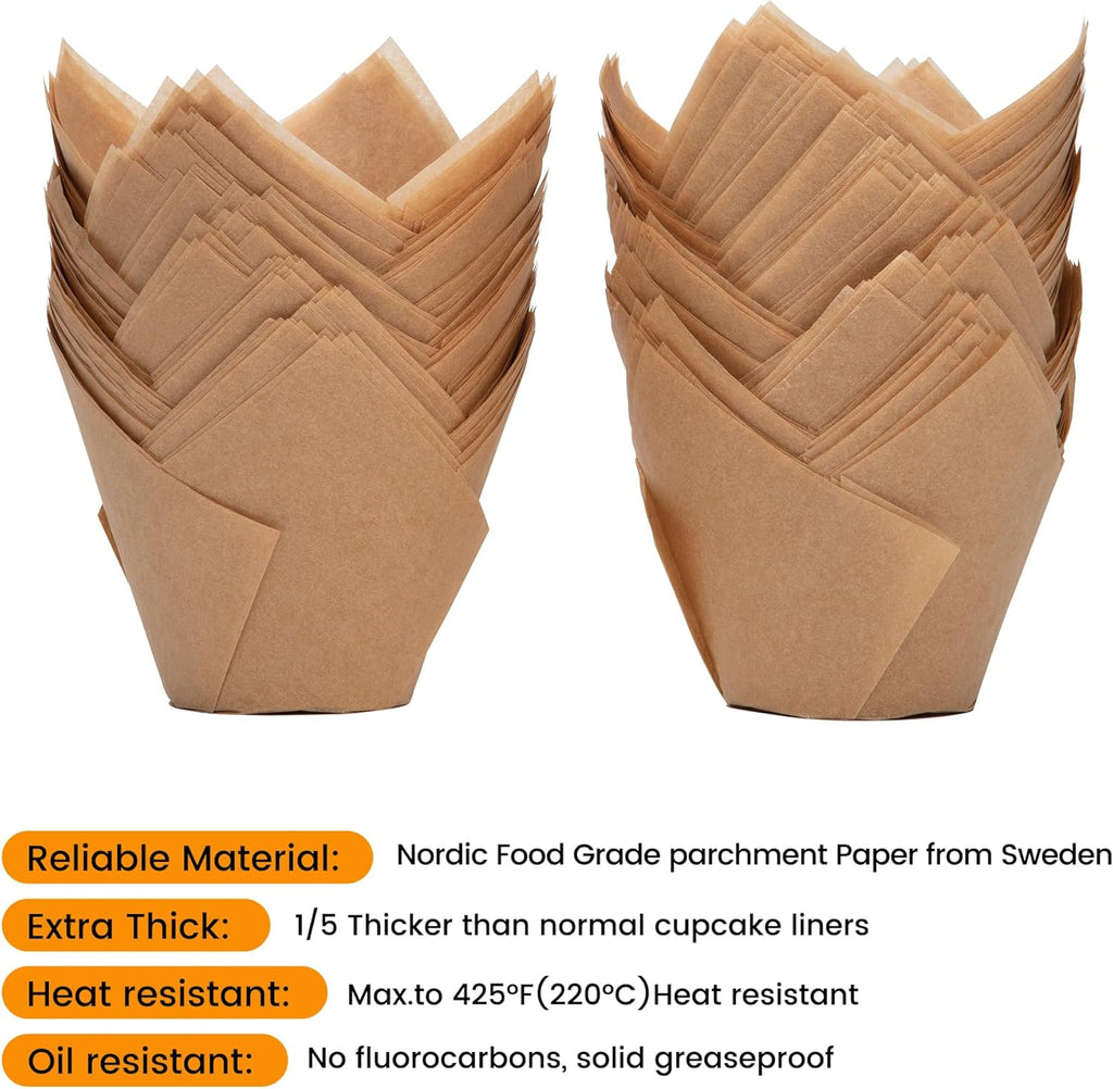 Nordic Paper 100pcs Large Size Natural Tulip Cupcake Liners for Baking, Large Muffin Liners, Cupcake Wrapper for Party, Christmas