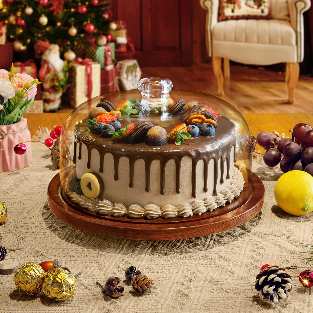 jkwokback Cake Stand with Acrylic Dome, Rotating Cake Plate Acacia Wood Cake Stand with Acrylic Lid, Cake Decorating Turntable for Baking Gifts, Birthday Kitchen Party, Weddings