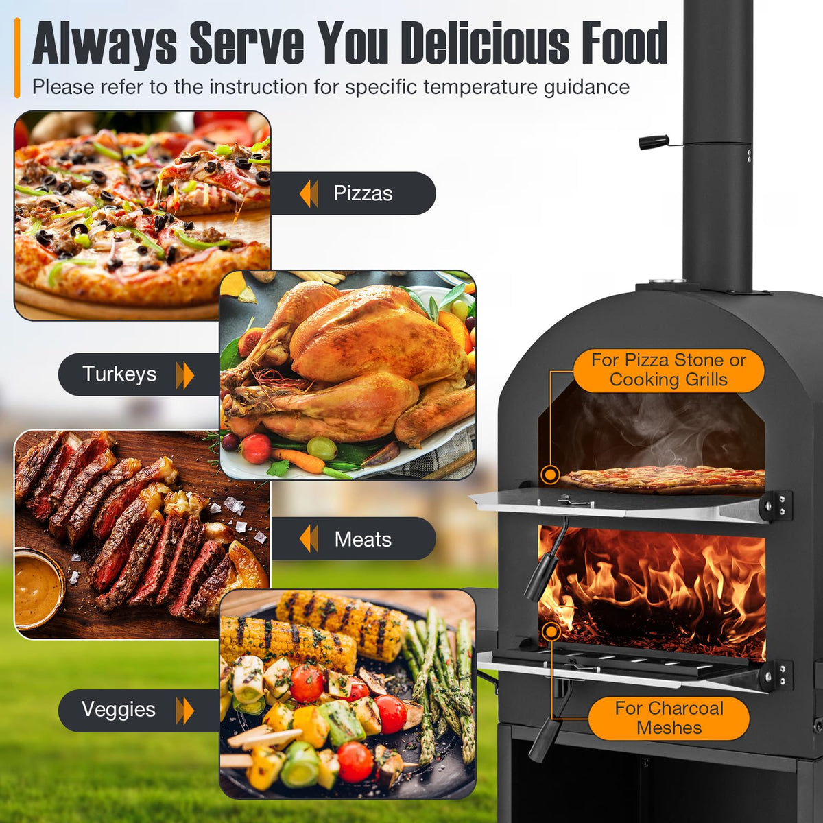 Giantex Pizza Oven Outdoor - piec opalany drewnem z 2 stolikami bocznymi, kamieniem do pizzy, łopatą do pizzy, pokrywą, rusztami do pieczenia, maszyną do pizzy na kółkach do grilla węglowego na zewnątrz, na imprezę w ogrodzie, kemping