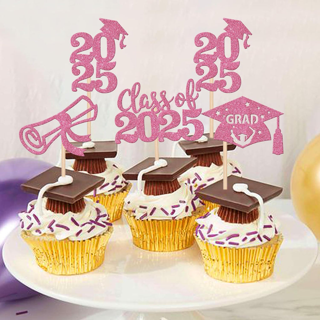 24 PCS 2025 Graduation Cupcake Toppers Glitter Diploma Congrats Grad Cap Cupcake Picks Class of 2025 Cake Decorations for 2025 Graduation Theme Party Supplies Pink