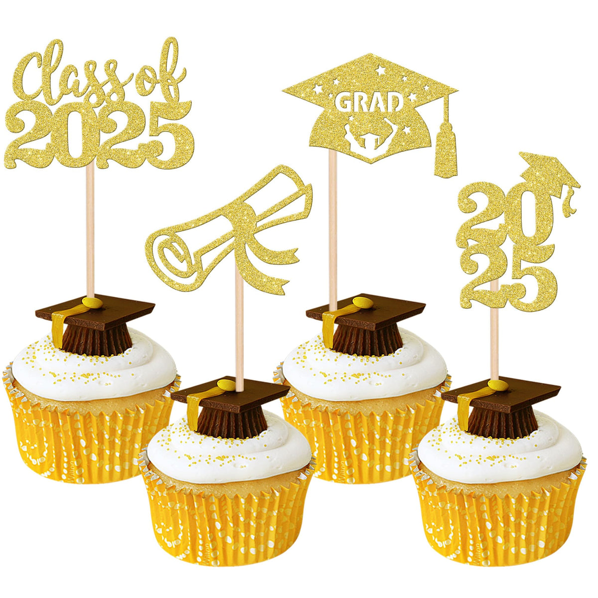 24 PCS 2025 Graduation Cupcake Toppers Glitter Diploma Congrats Grad Cap Cupcake Picks Class of 2025 Cake Decorations for 2025 Graduation Theme Party Supplies Pink