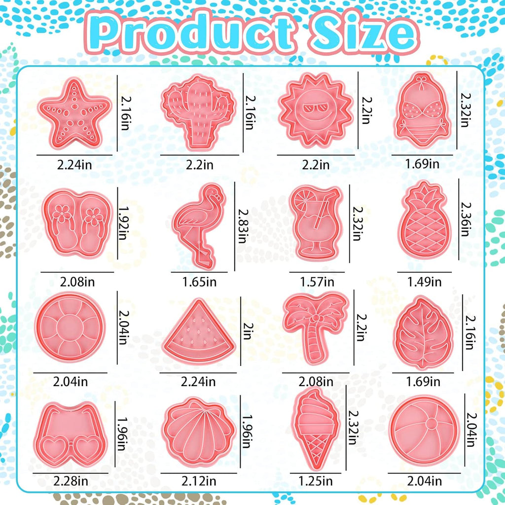 16 Pcs Summer Beach Cookie Cutters with Plunger Stamps Set Tropical Cookie Molds Beach Party Supplies Biscuit Fondant Cutters, Pineapple Flamingo Palm Tree Starfish Seashell Sunglasses Ice Cream