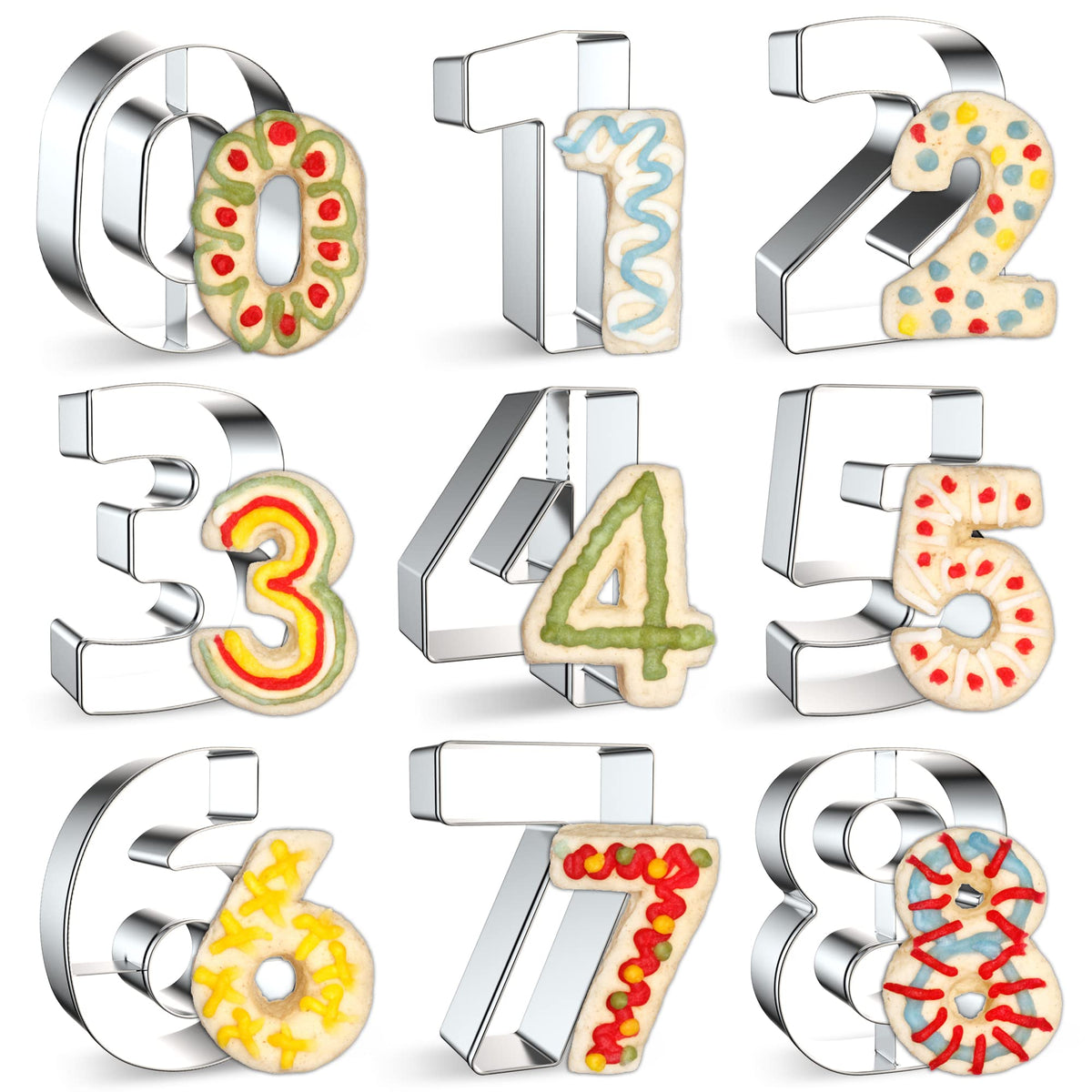 9PCS Number Cookie Cutters Set, Birthday Numbers 0-8(6 Reverses to 9), Stainless Steel Cookie Cutters for Baking, Number Shaped Baking Tool for Homemaking Biscuits, Cookie, Dough
