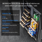 BODEGACOOLER 24-calowa lodówka na wino i napoje, 2-drzwiowa komercyjna chłodziarka do tylnego baru, dwustrefowa chłodziarka do wina, tylna lodówka do baru, na imprezę, mieszcząca 20 butelek i 57 puszek, oświetlenie LED, czarna.