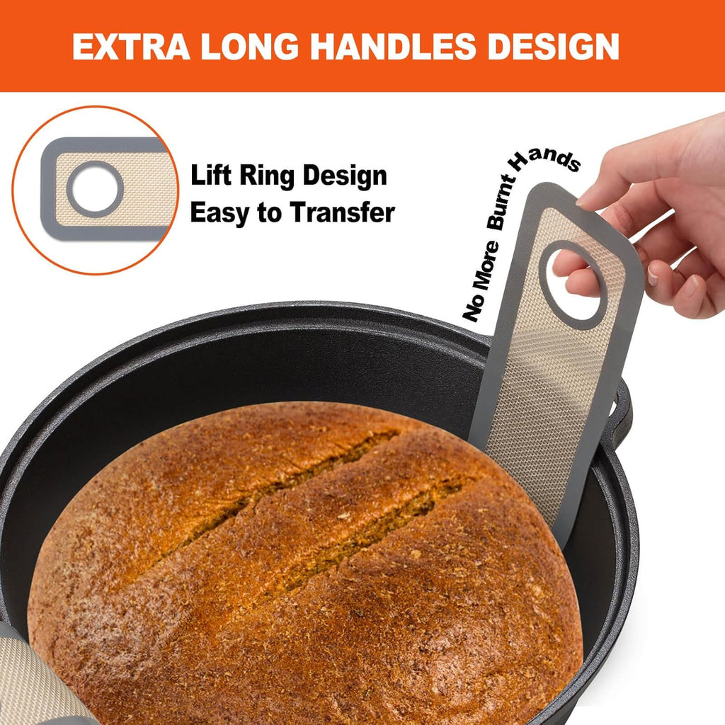 Silicone Bread Sling Dutch Oven - Best Japan Silicone Non-Stick & Easy Clean Reusable Baking Mat With Extra Long Handles, 2 Grey Set for Transferable Dough