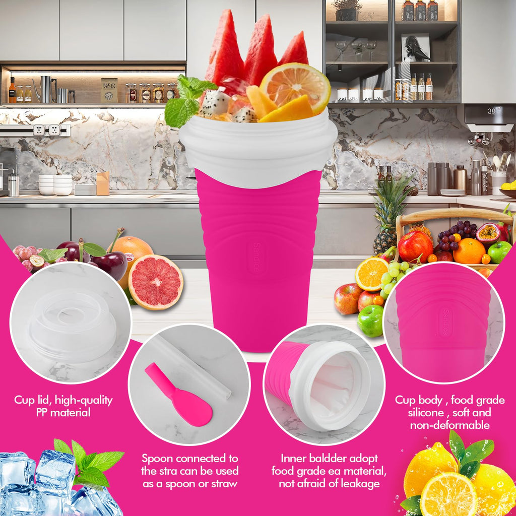 Slushie Maker Cup, DIY Magic Slushy Maker Squeeze Cup, Portable Smoothie Squeeze Cup for Juices, Milk and Ice Cream Make, Double Layers Silica Cup with Lid & Straw for Friends, Family Gifts (Pink)