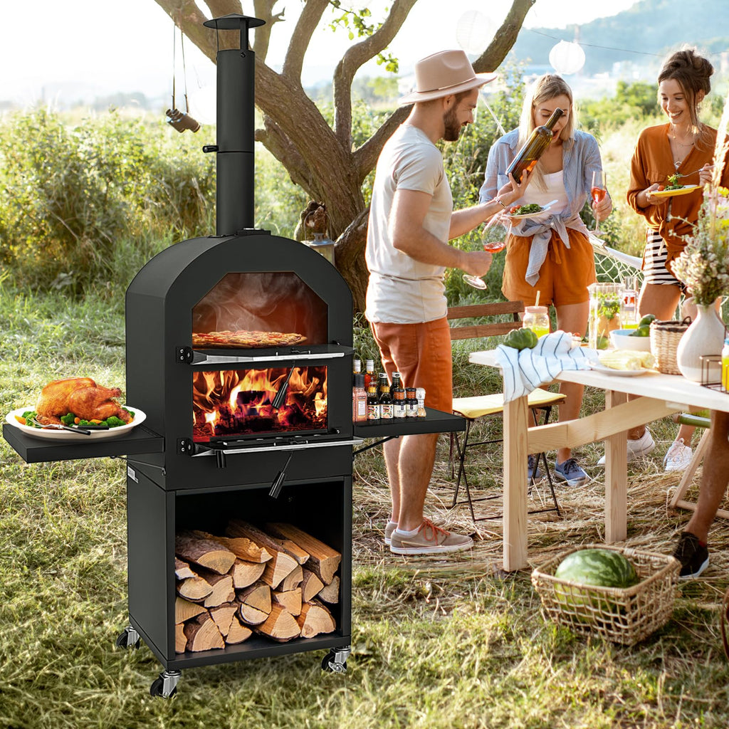 Giantex Pizza Oven Outdoor - piec opalany drewnem z 2 stolikami bocznymi, kamieniem do pizzy, łopatą do pizzy, pokrywą, rusztami do pieczenia, maszyną do pizzy na kółkach do grilla węglowego na zewnątrz, na imprezę w ogrodzie, kemping