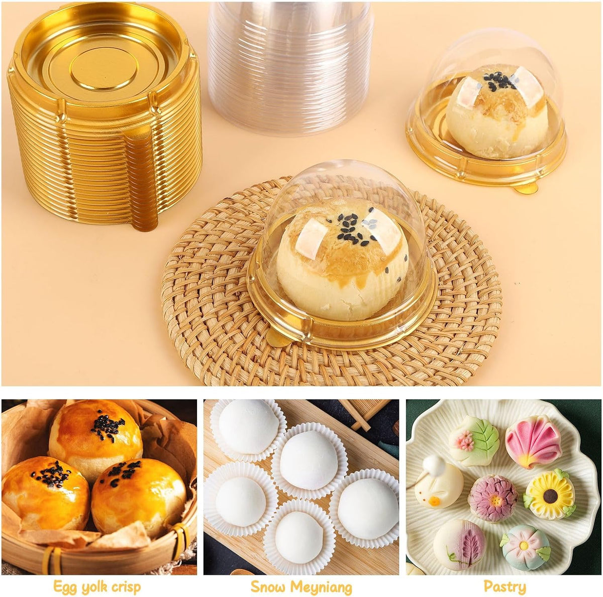 Hewnda 50 Pack 2 Inch Clear plastic mini cake box muffins box cookies cookies muffins dome box wedding birthday gift box(Gold)