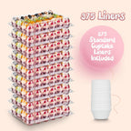 (24 Pack x 15 Sets) Mini Cupcake Containers with 375 Pack Cupcakes Liners, Plastic Cupcake Holder, Stackable Mini Cupcake Boxes Carrier, Clear Disposable Cupcake Trays, High Dome - MINI SIZE