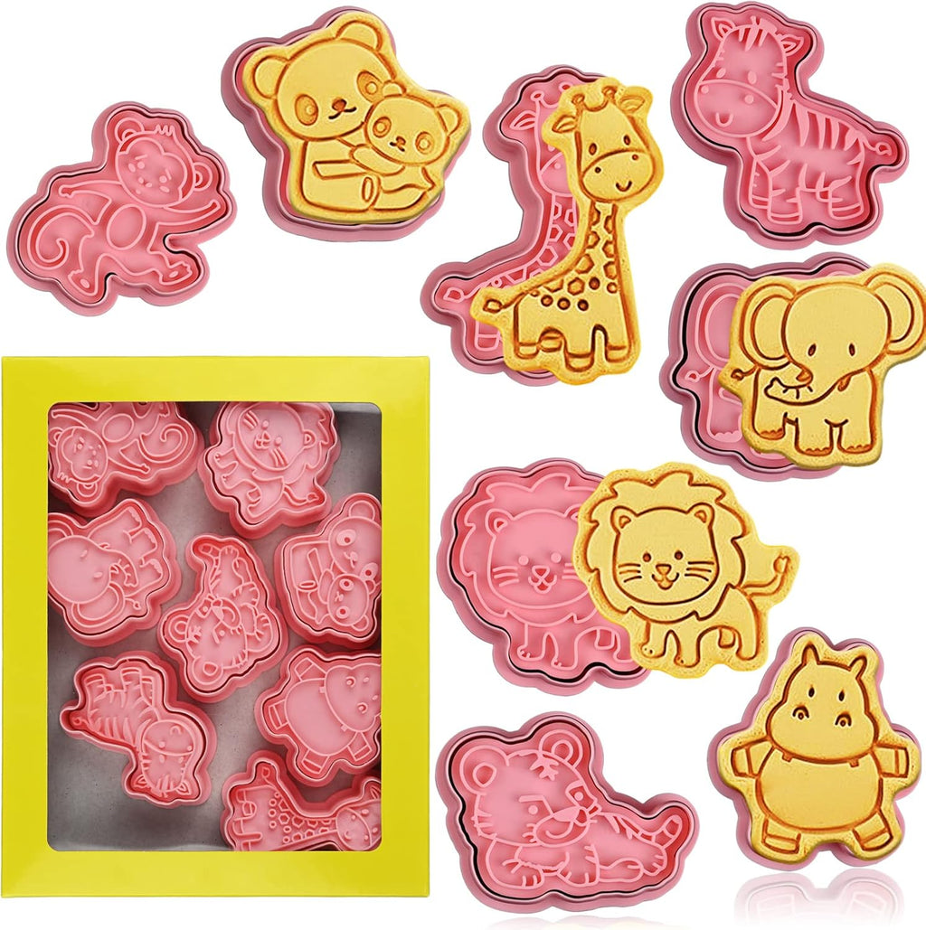 Animal Cookie Cutters With Plunger Stamps Set,8 Piece 3D Animal Embossing Cutters For Biscuit Fondant Cheese Baking Molds